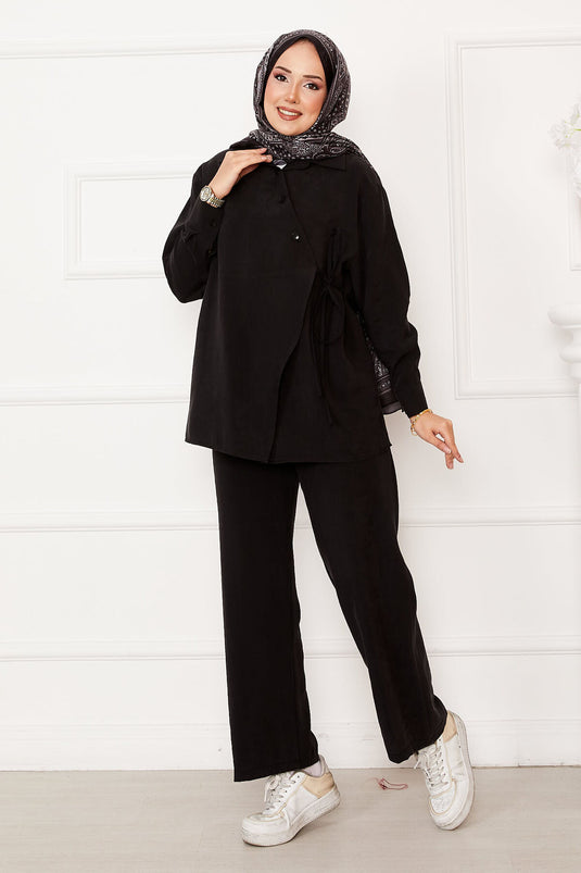 Side Tie Button Detailed Hijab Suit Black