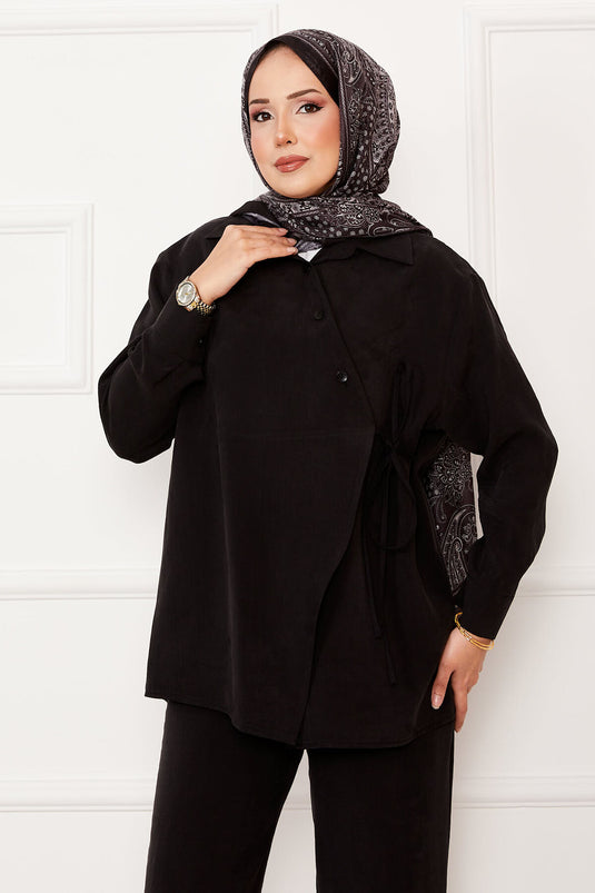 Side Tie Button Detailed Hijab Suit Black