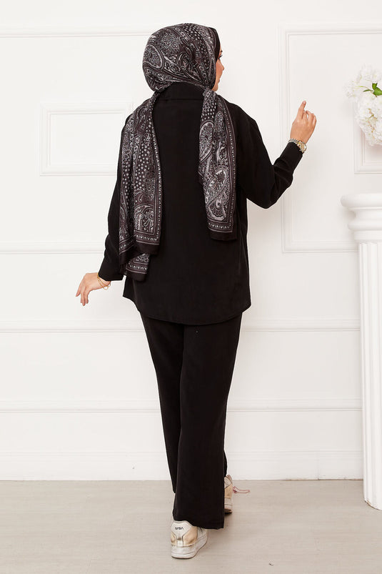 Side Tie Button Detailed Hijab Suit Black