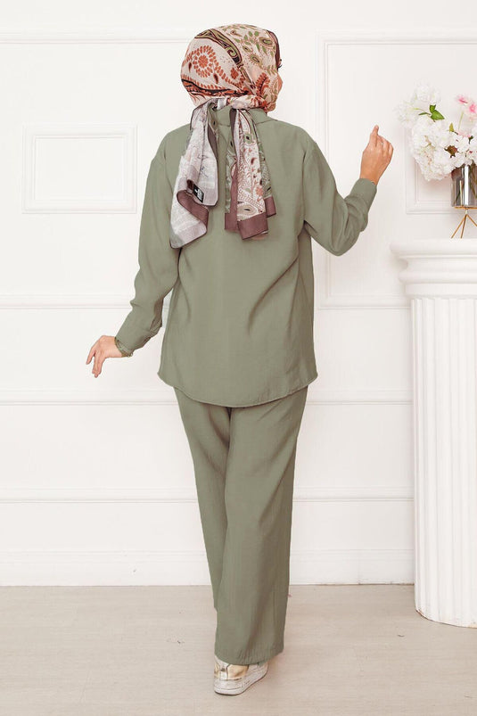 Side Tie Button Detailed Hijab Suit Oil Green