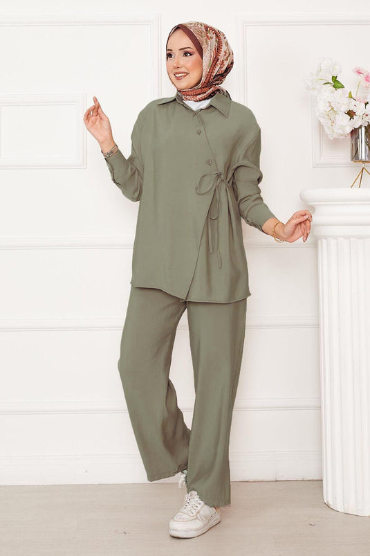 Side Tie Button Detailed Hijab Suit Oil Green