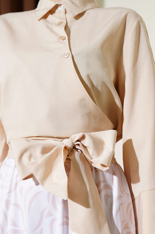 Side Tie Skirted Two Piece Set Beige