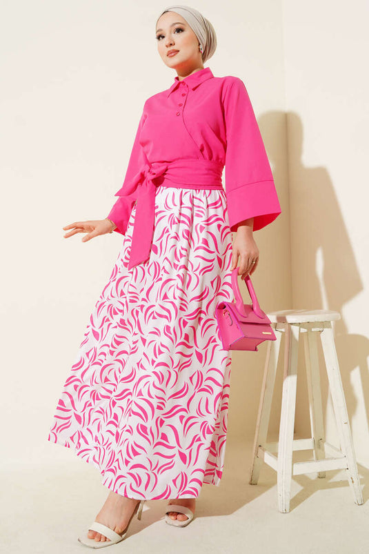 Side Tie Skirted Two Piece Suit Fuchsia