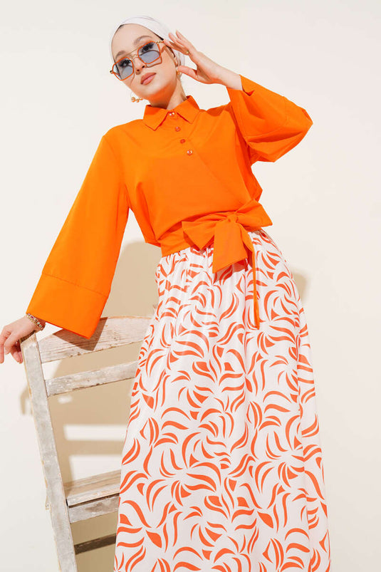 Side Tie Skirted Two Piece Suit Orange