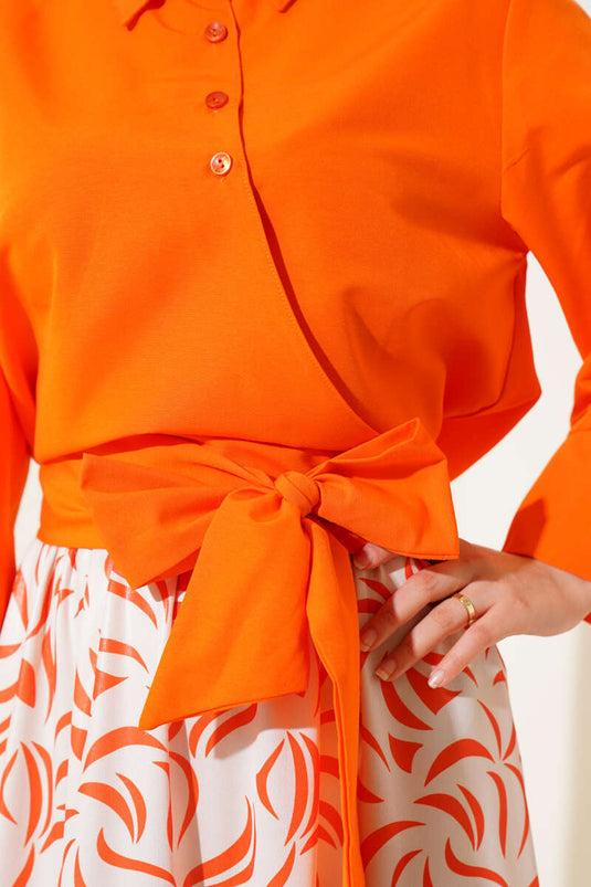 Side Tie Skirted Two Piece Suit Orange