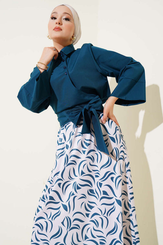 Side Tie Skirted Two Piece Suit Petrol