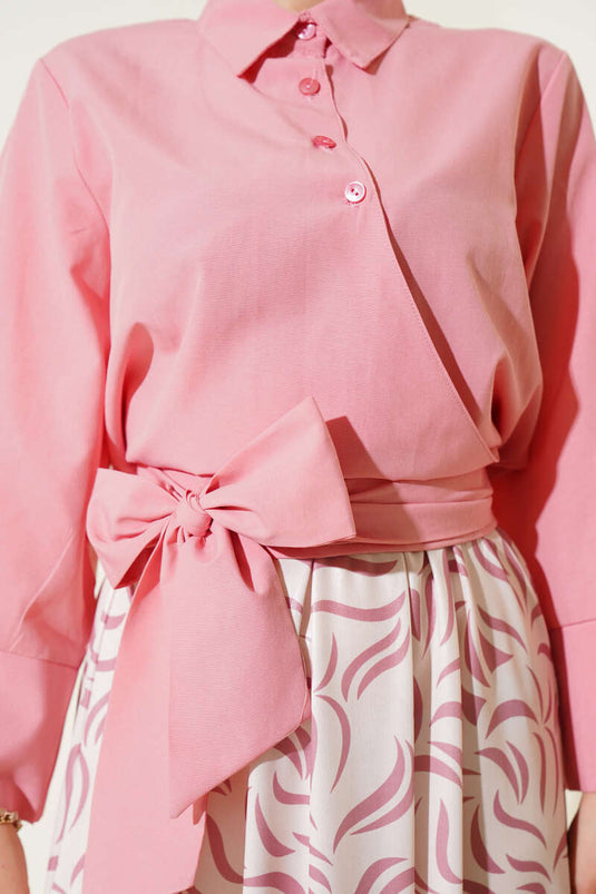 طقم تنورة برباط جانبي مكون من قطعتين بودرة