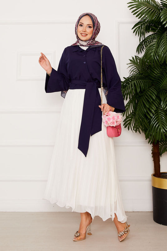 Chemise à manches larges nouée sur le côté bleu marine