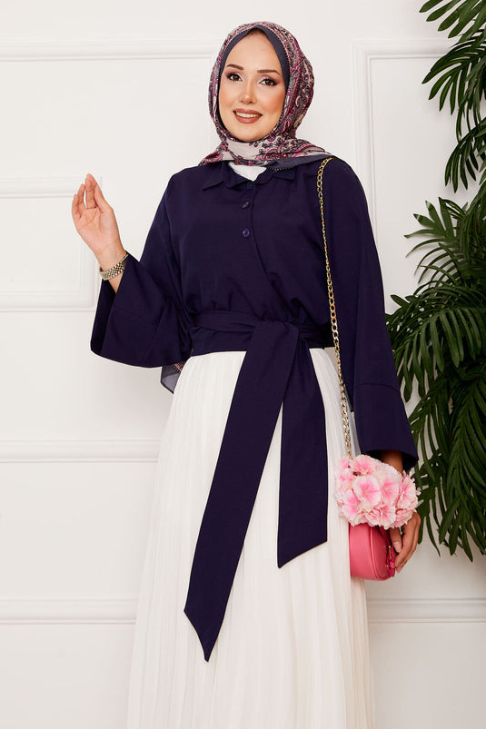 Chemise à manches larges nouée sur le côté bleu marine