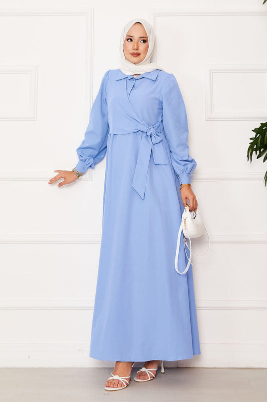 Vestido con cuello camisero y lazo lateral azul bebé