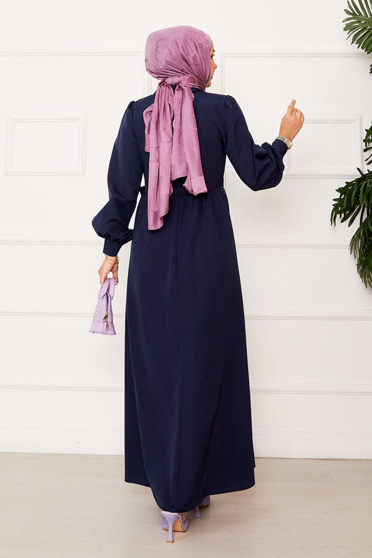 Side Tie Shirt Collar Dress Navy Blue