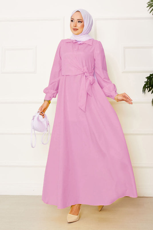 Side Tie Shirt Collar Dress Pink