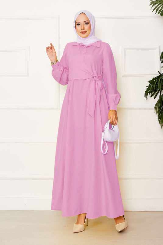 Side Tie Shirt Collar Dress Pink