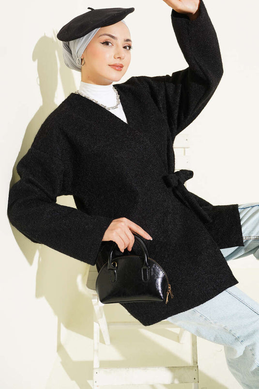 Side Tie Felt Kimono Black