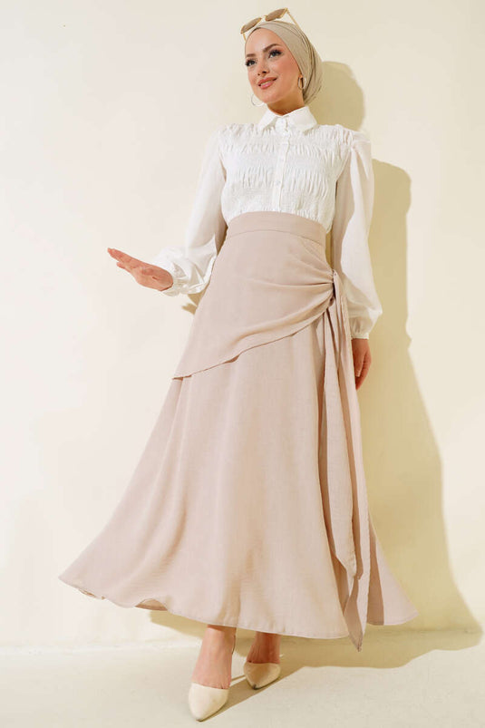 Side Tie Linen Skirt Beige