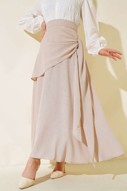 Side Tie Linen Skirt Beige
