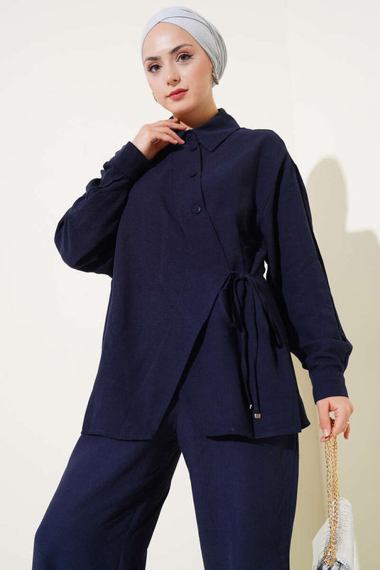 بدلة كتان من قطعتين برباط جانبي أزرق داكن