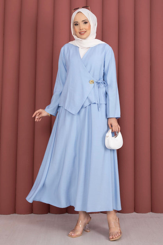 Ensemble deux pièces jupe kimono nouée sur le côté bleu bébé
