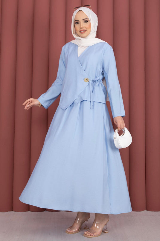 Yandan Bağlamalı Kimono Etek İkili Takım Bebe Mavisi