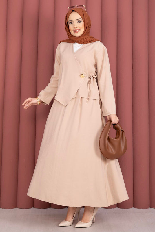 Ensemble deux pièces jupe kimono à nouer sur le côté beige