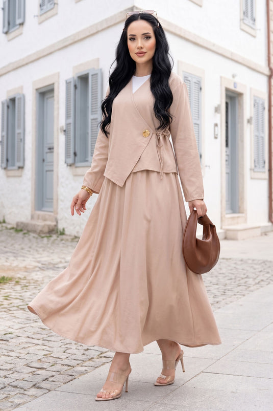 Ensemble deux pièces jupe kimono à nouer sur le côté beige