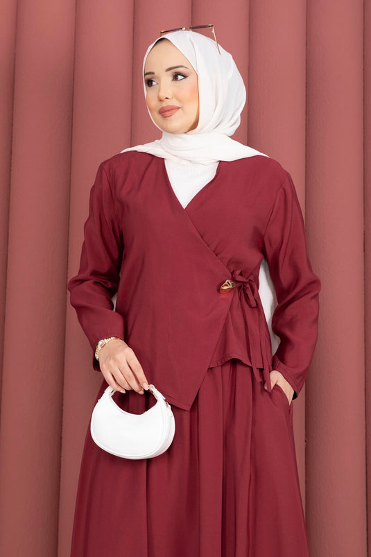 Ensemble Deux Pièces Jupe Kimono à Nouer sur le Côté Bordeaux