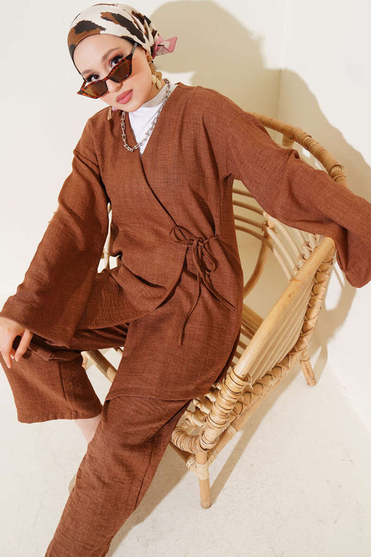 Side Tie Kimono Two Piece Set Brown