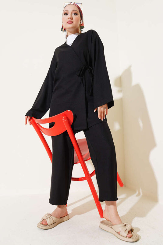 Side Tie Kimono Two Piece Set Black