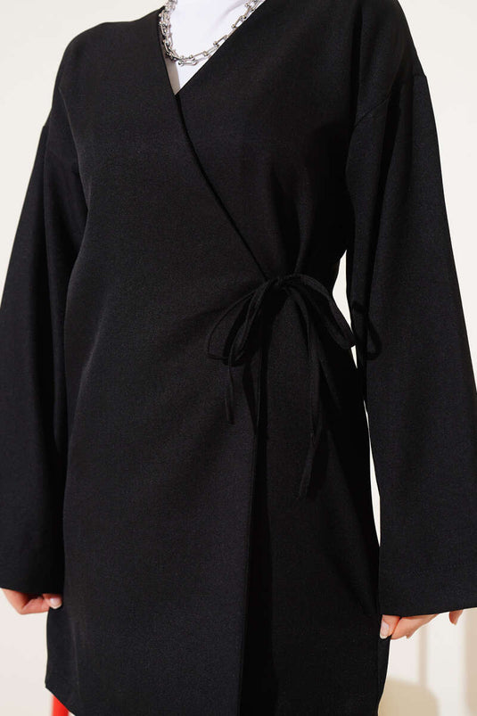 Side Tie Kimono Two Piece Set Black