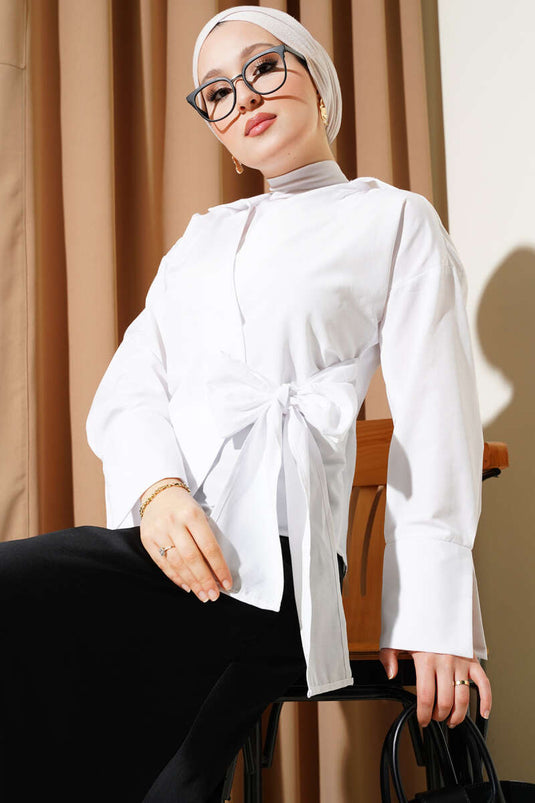 قميص قصير برباط جانبي أبيض