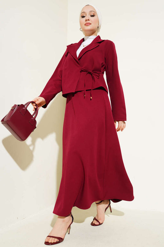 Side Tie Double Breasted Collar Jacket Set Claret Red