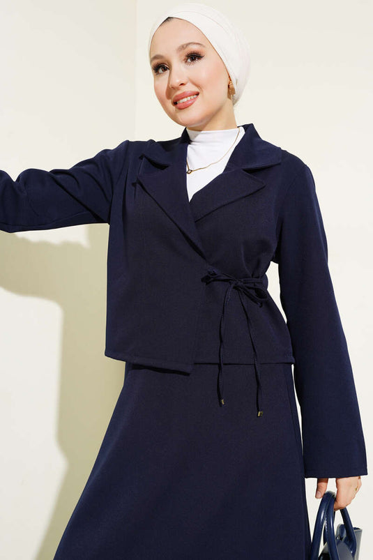 Ensemble veste croisée à revers et lien latéral bleu marine
