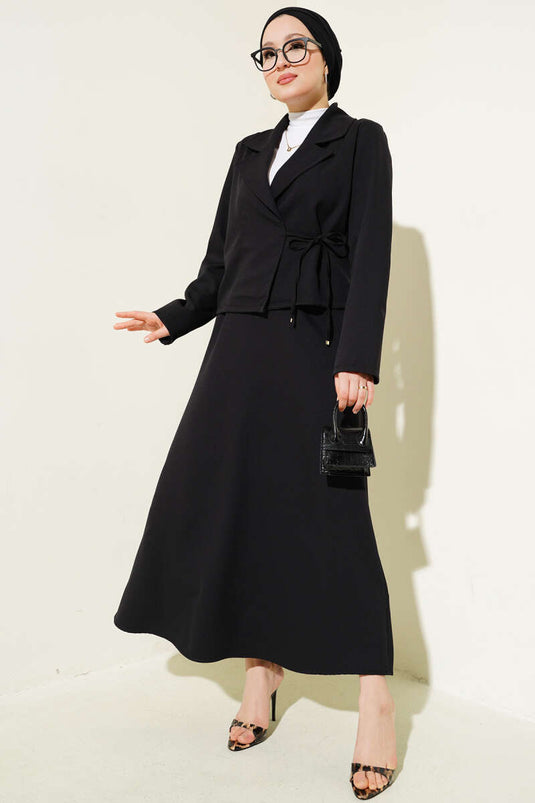 Side Tie Double Breasted Lapel Jacket Set Black