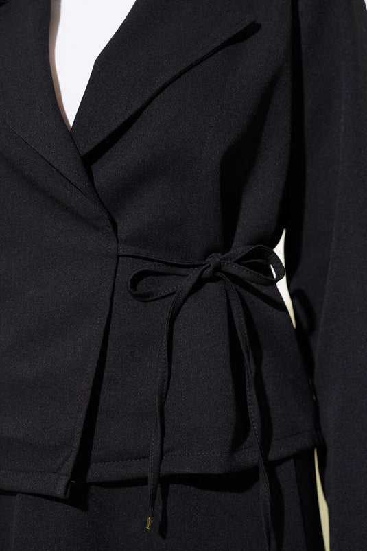 Side Tie Double Breasted Lapel Jacket Set Black