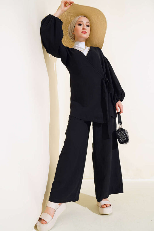 Side Tie Casual Two Piece Suit Black