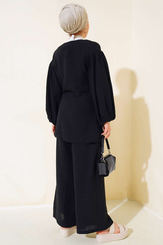 Costume Double Décontracté Noué Sur Le Côté Noir