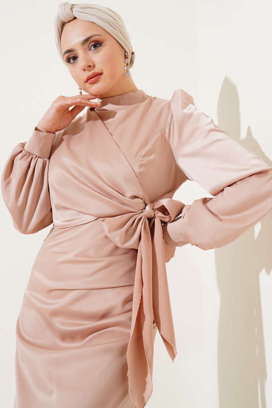 Side Tie Satin Dress Powder