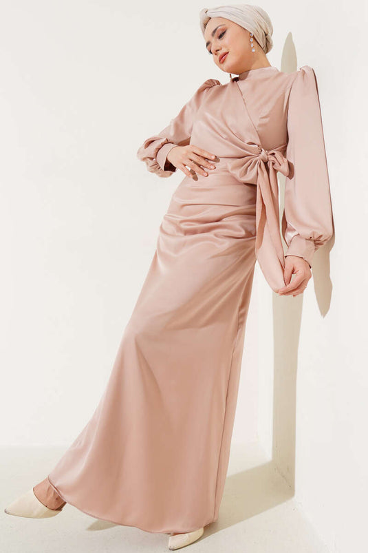 Side Tie Satin Dress Powder