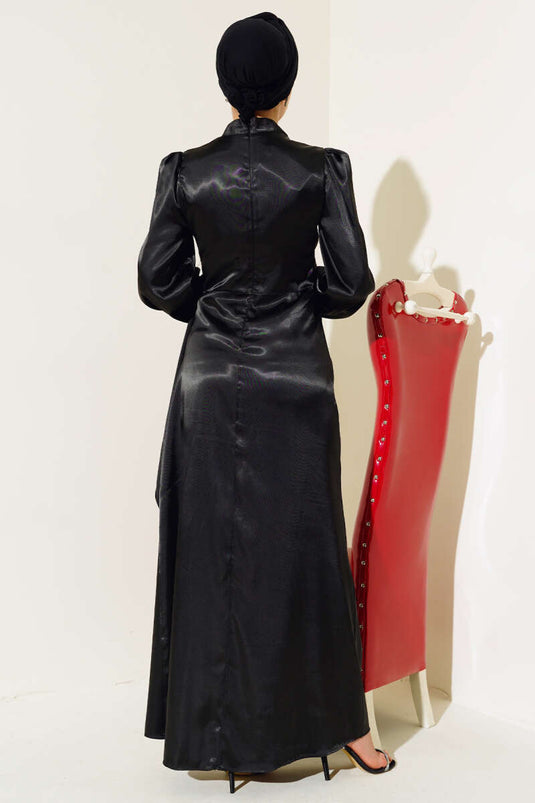 Side Tie Satin Dress Black