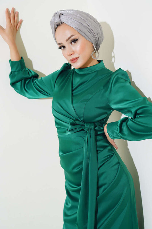 Side Tie Satin Dress Green