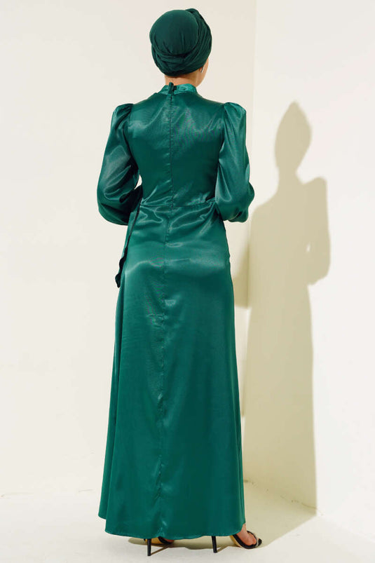 Yandan Bağlamalı Saten Elbise Zümrüt