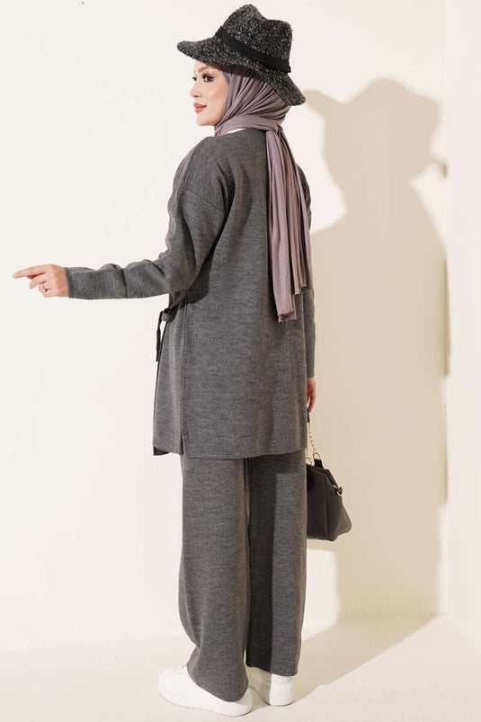 Seitlich Gebundenes Strick-Set, Rauchgrau