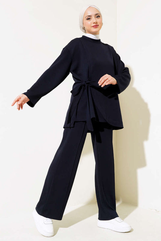 Side Tie Tunic Two Piece Set Navy Blue