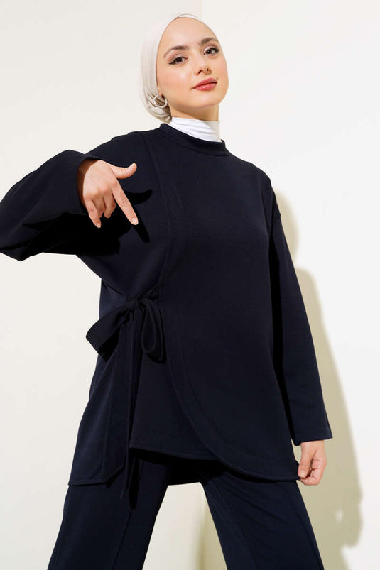 Side Tie Tunic Two Piece Set Navy Blue