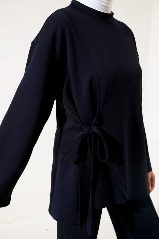 Side Tie Tunic Two Piece Set Navy Blue
