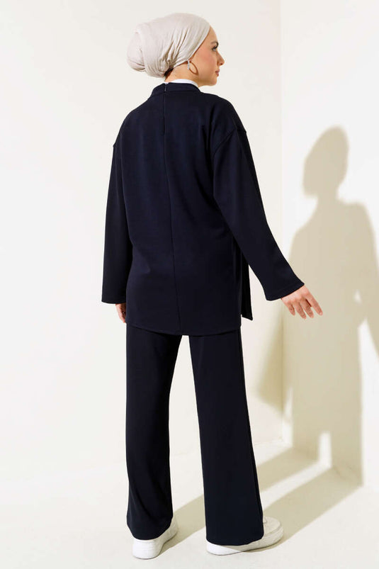 Side Tie Tunic Two Piece Set Navy Blue