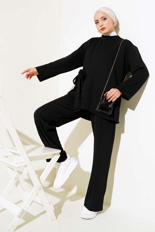 Side Tie Tunic Two Piece Set Black