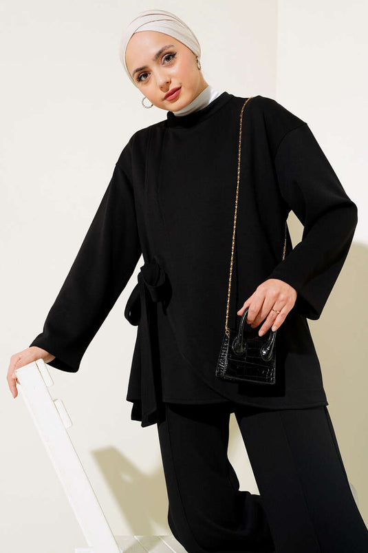 Side Tie Tunic Two Piece Set Black