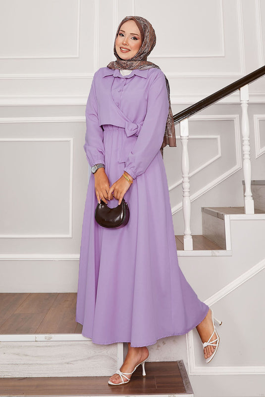 Side Tie Half Button Detailed Dress Lilac