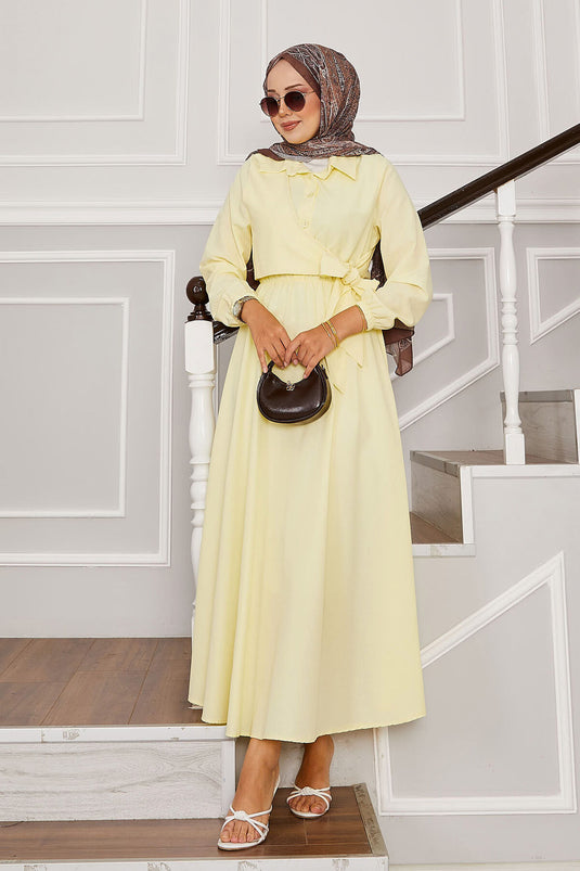 Yandan Bağlamalı Yarım Düğme Detaylı Elbise Sarı